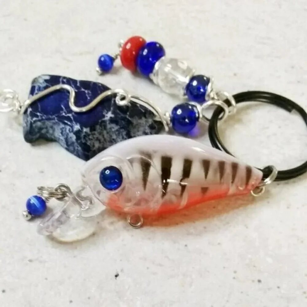 Orange + Blue! Fishing Lure Key Chain - Anglers Key Ring! Choose His/Her Name!
